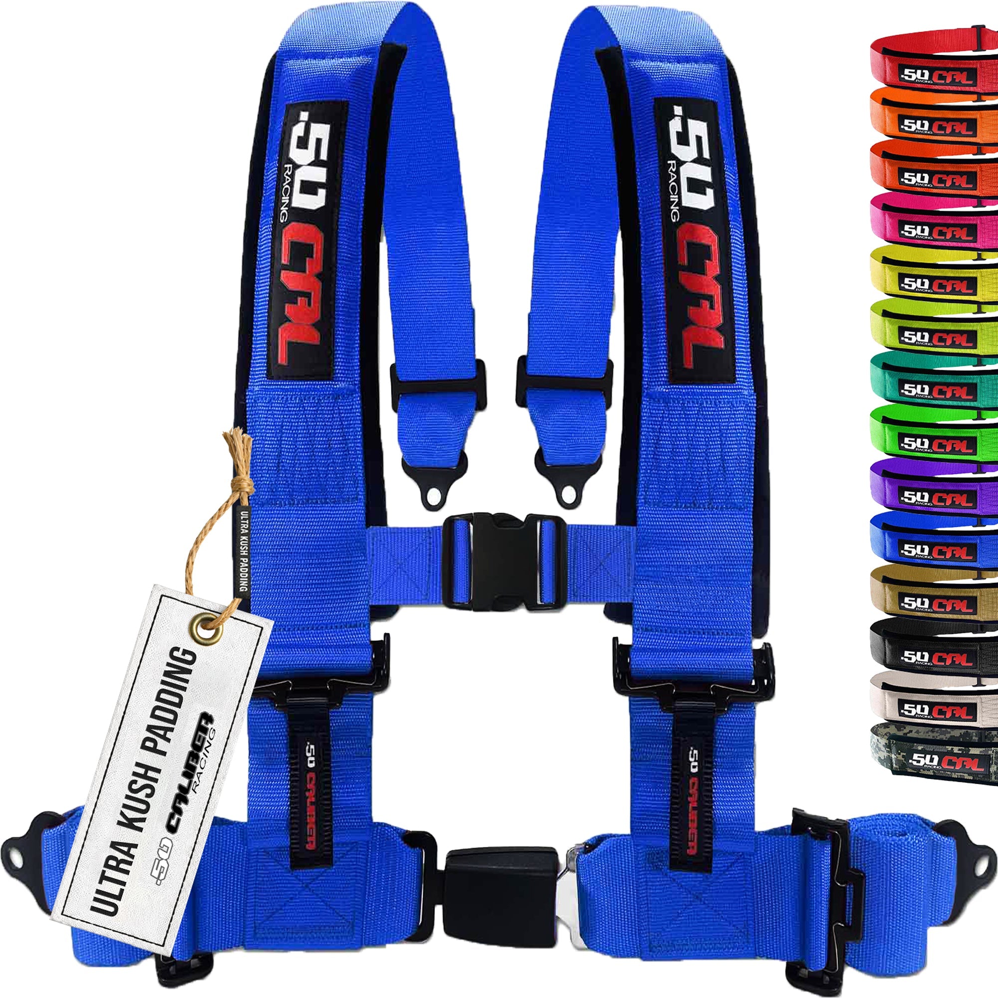 50 Caliber Racing 4-Point UTV Harness | Push Button Release + Sewn-In Pads + Black Hardware | 2" & 3", 10 Colors