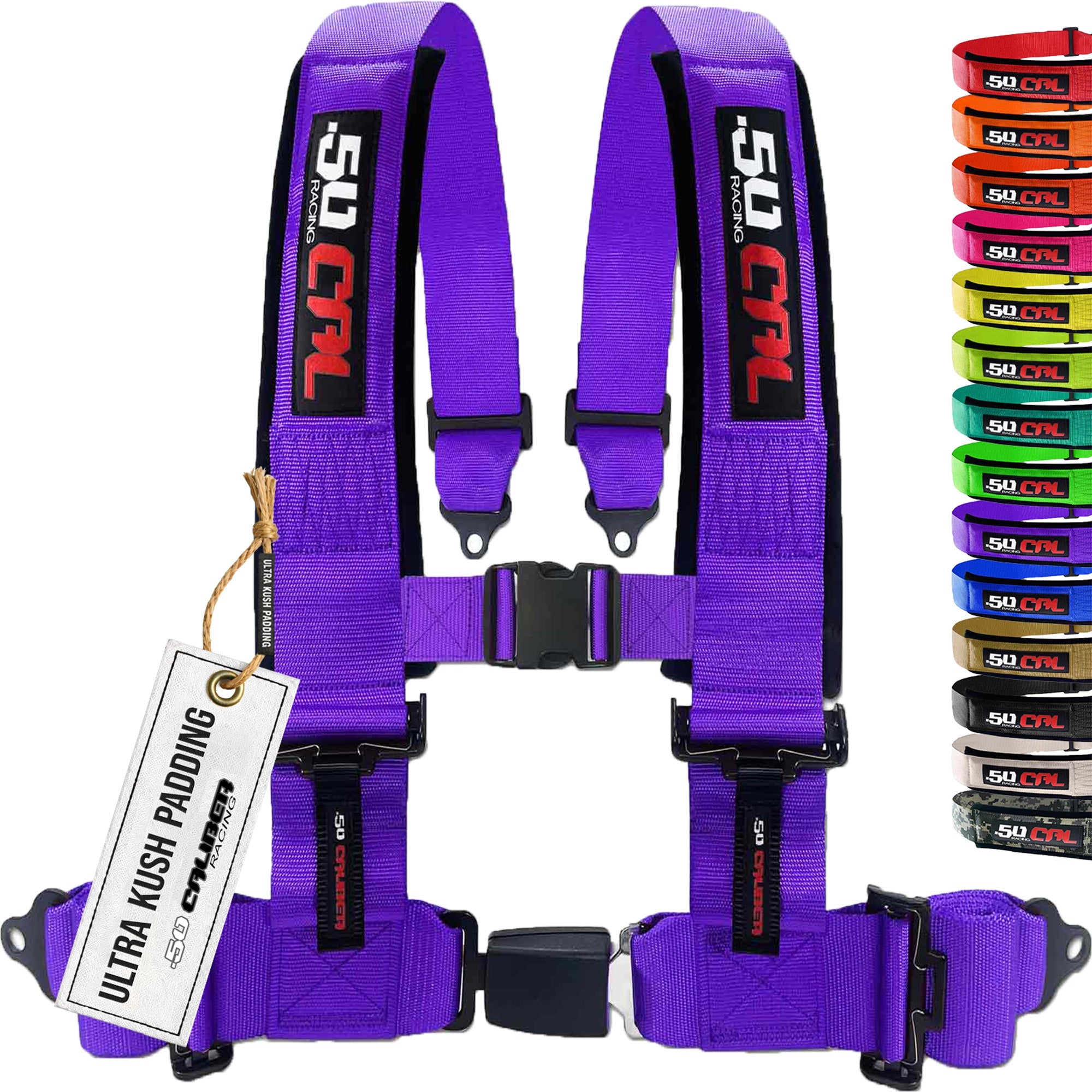 50 Caliber Racing 4-Point UTV Harness | Push Button Release + Sewn-In Pads + Black Hardware | 2" & 3", 10 Colors