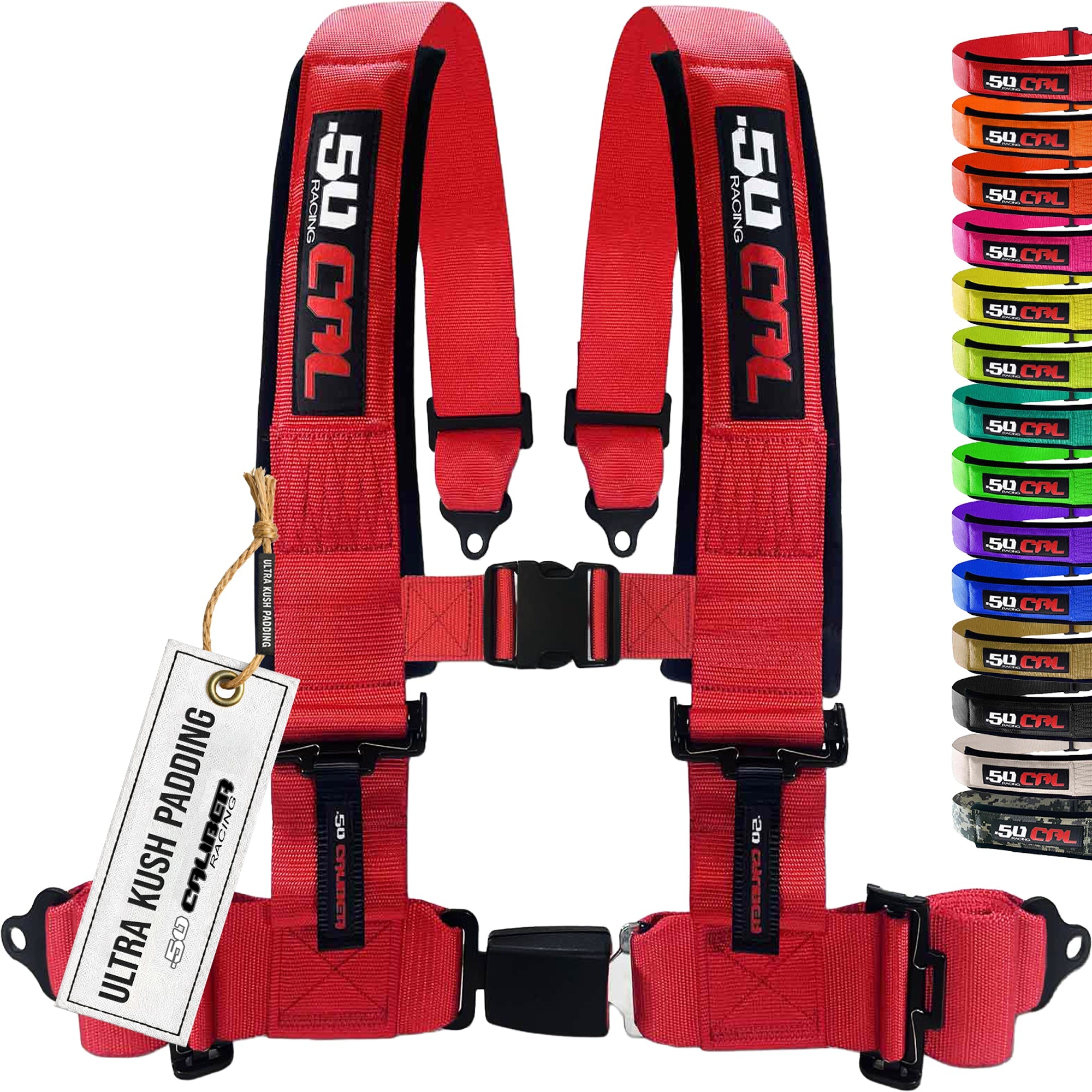 50 Caliber Racing 4-Point UTV Harness | Push Button Release + Sewn-In Pads + Black Hardware | 2" & 3", 10 Colors