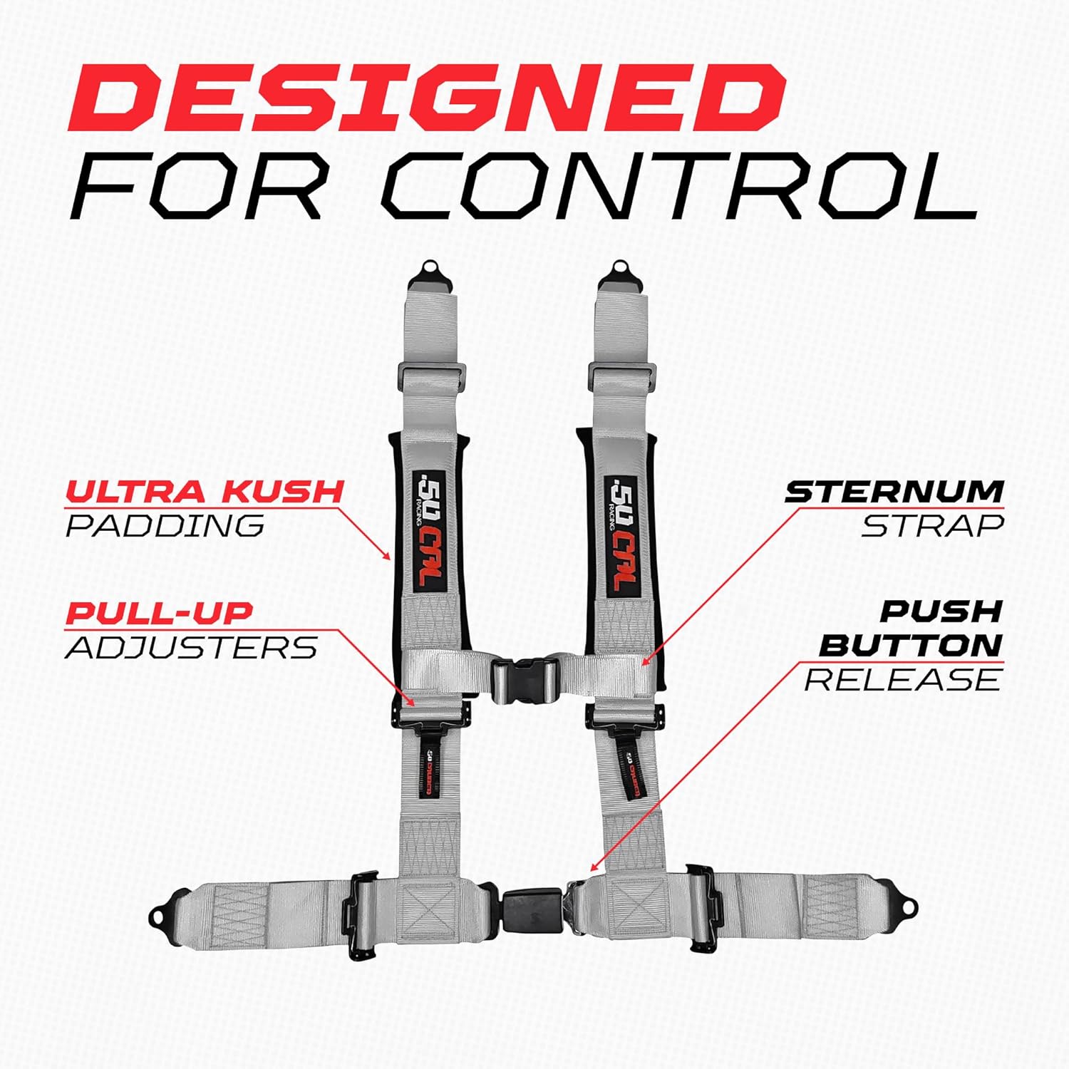 50 Caliber Racing 4-Point UTV Harness | Push Button Release + Sewn-In Pads + Black Hardware | 2" & 3", 10 Colors