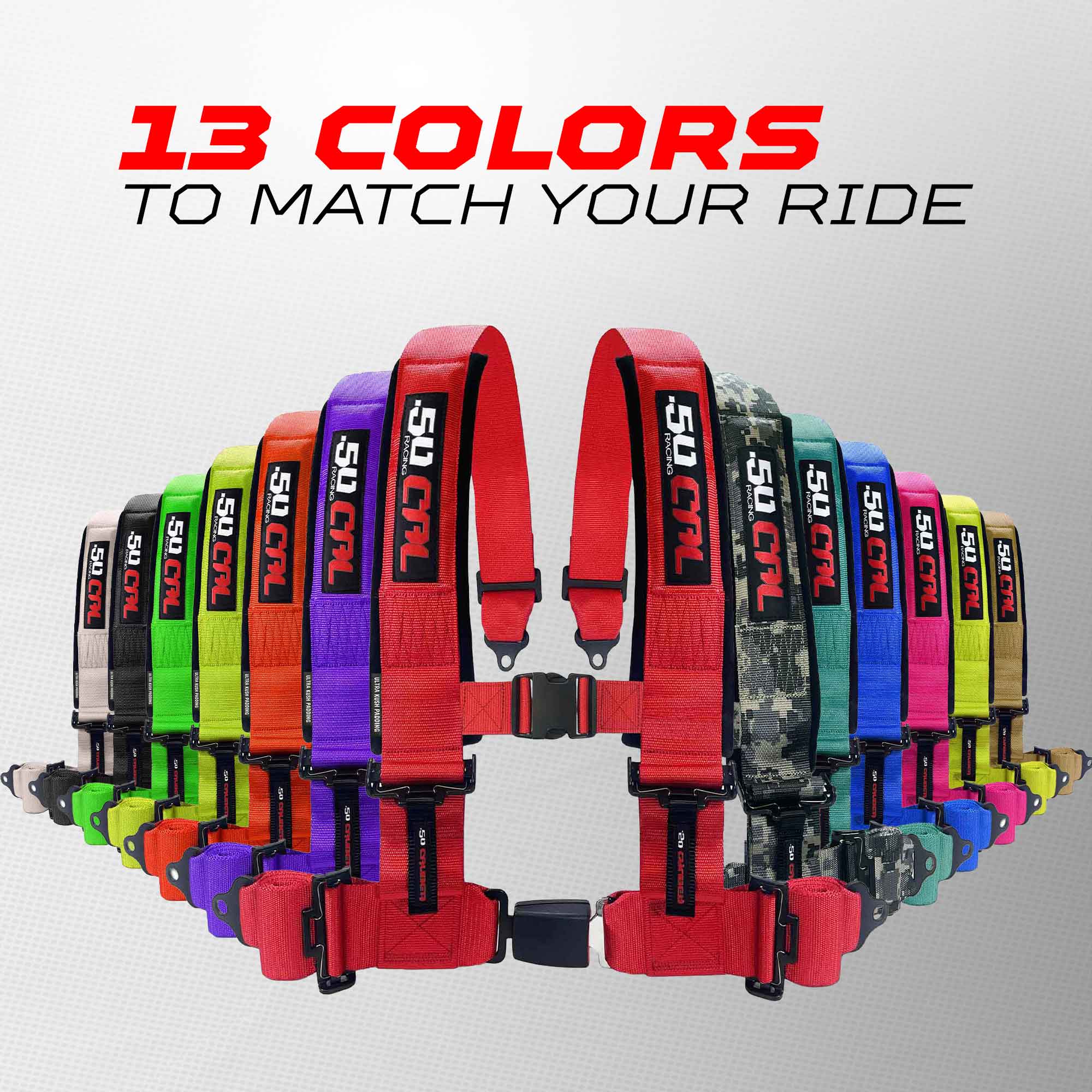 50 Caliber Racing 4-Point UTV Harness | Push Button Release + Sewn-In Pads + Black Hardware | 2" & 3", 10 Colors