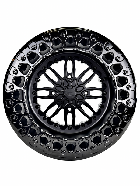 Angled view of a Packard Icon Midnight beadlock UTV wheel with a satin black barrel.