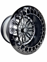 Angled view of a Packard Icon Midnight beadlock UTV wheel with a satin black barrel.