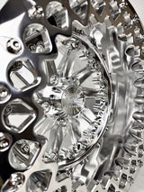 Close-up of a Packard Cyclone silver beadlock UTV wheel with a polished barrel.