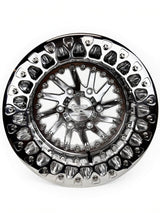 Front view of a Packard Cyclone silver beadlock UTV wheel with a polished barrel.