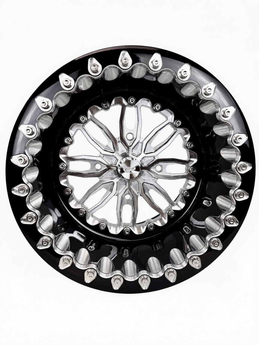 Packard Icon silver forged beadlock wheel with black ring - front view