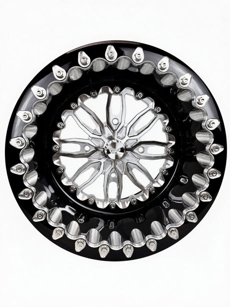 Packard Icon silver forged beadlock wheel with black ring - angled view