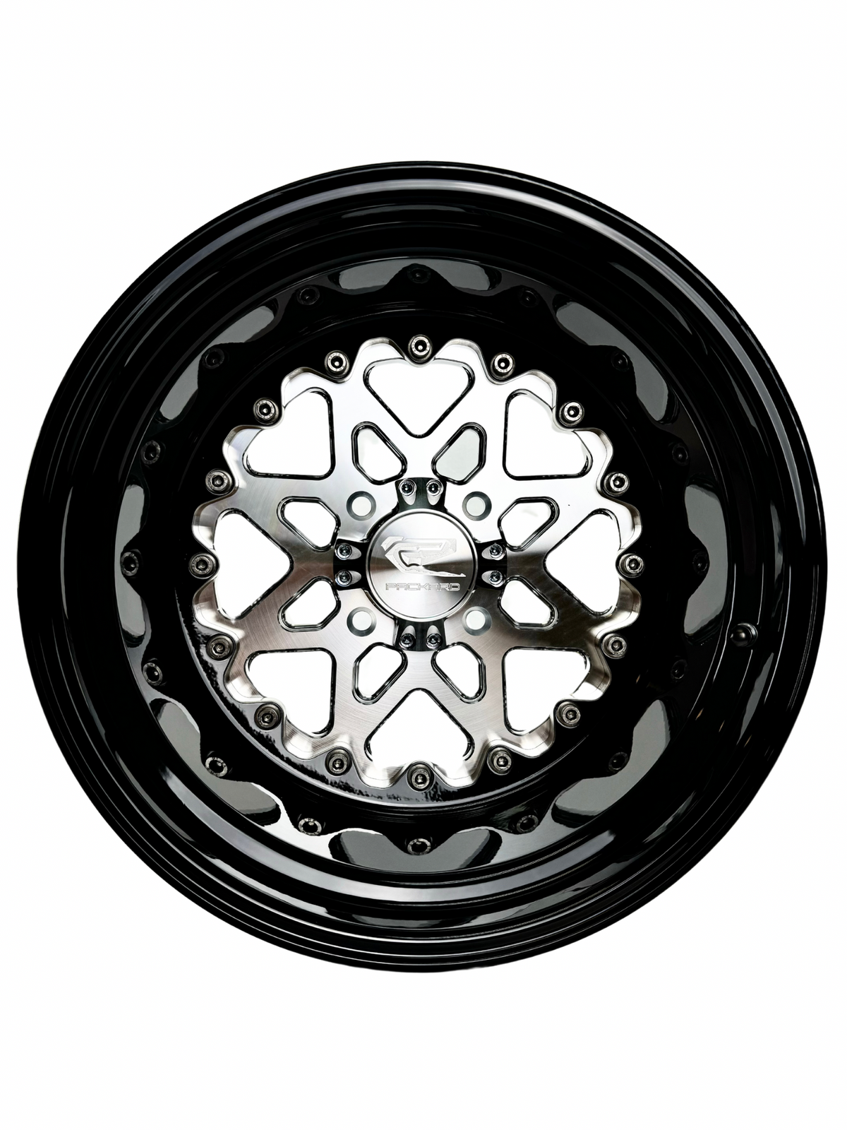 Front view of a Packard V2 Super Star silver non-beadlock UTV wheel with a black barrel.
