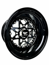 Angled view of a Packard V2 Super Star gloss black non-beadlock UTV wheel with a black barrel.