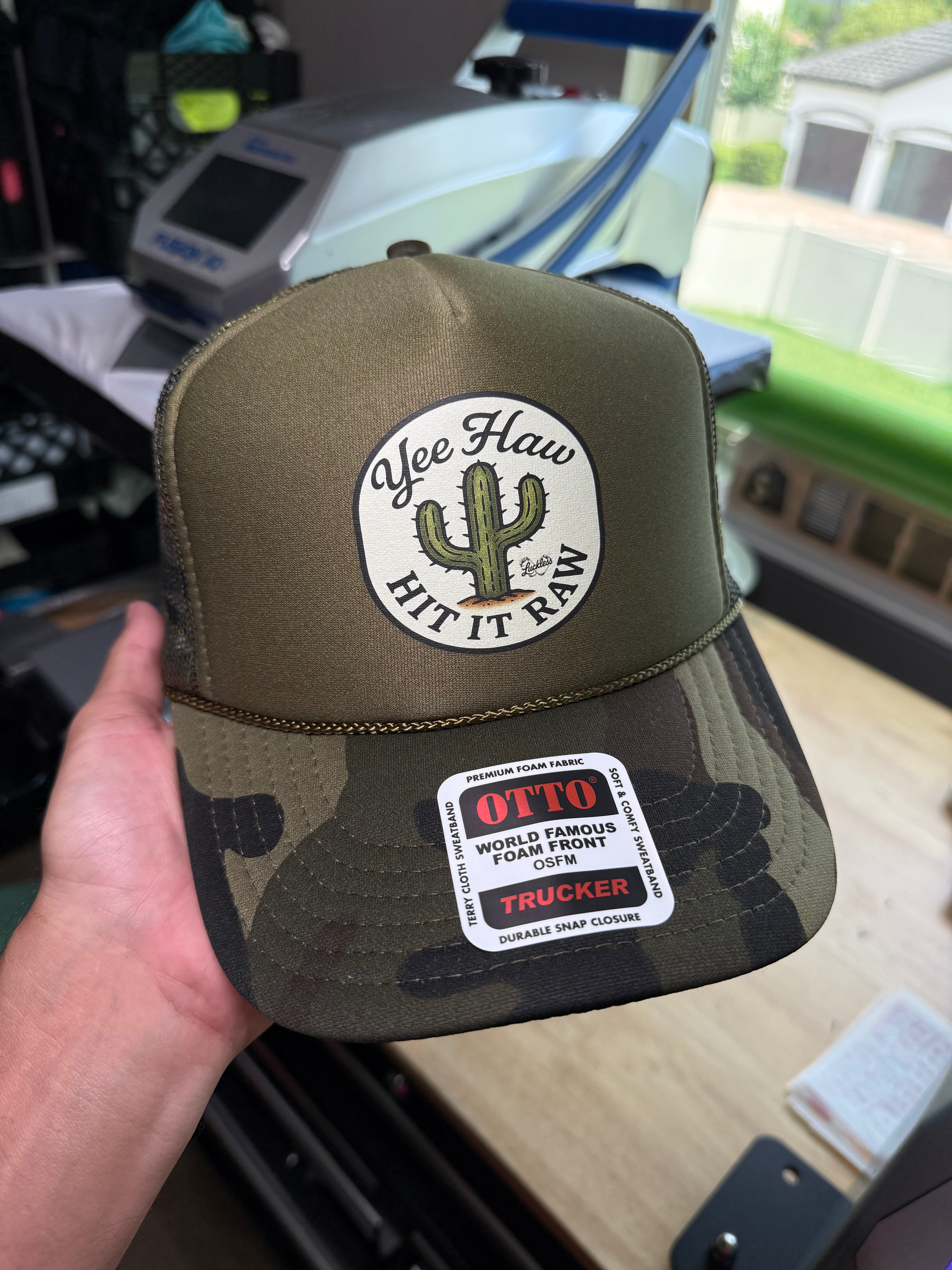 Yee Haw Hit it Raw Camo Trucker