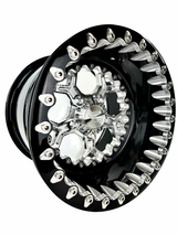 Angled view of a Packard Pro 5 silver beadlock UTV wheel with a black barrel.
