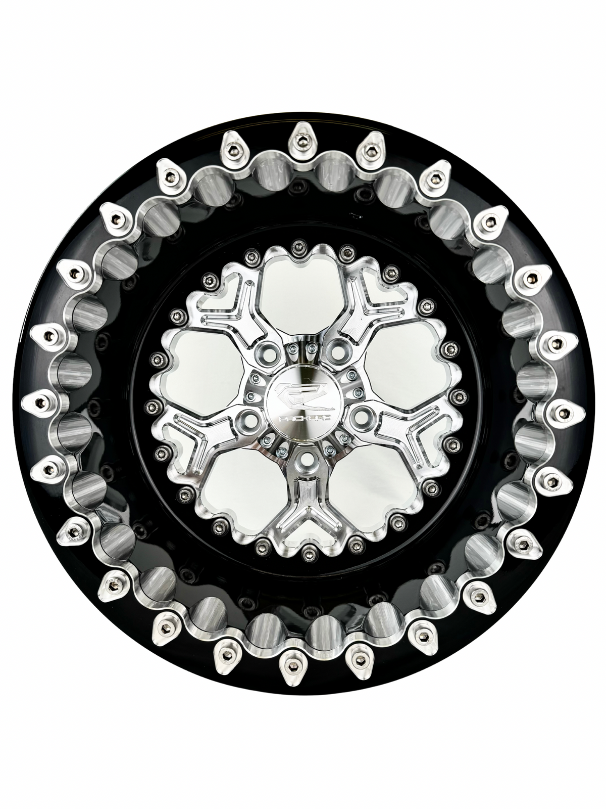 Front view of a Packard Pro 5 silver beadlock UTV wheel with a black barrel.
