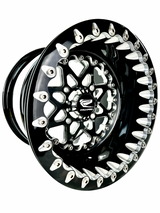 Angled view of a Packard V2 Super Star gloss black beadlock UTV wheel with a black barrel.
