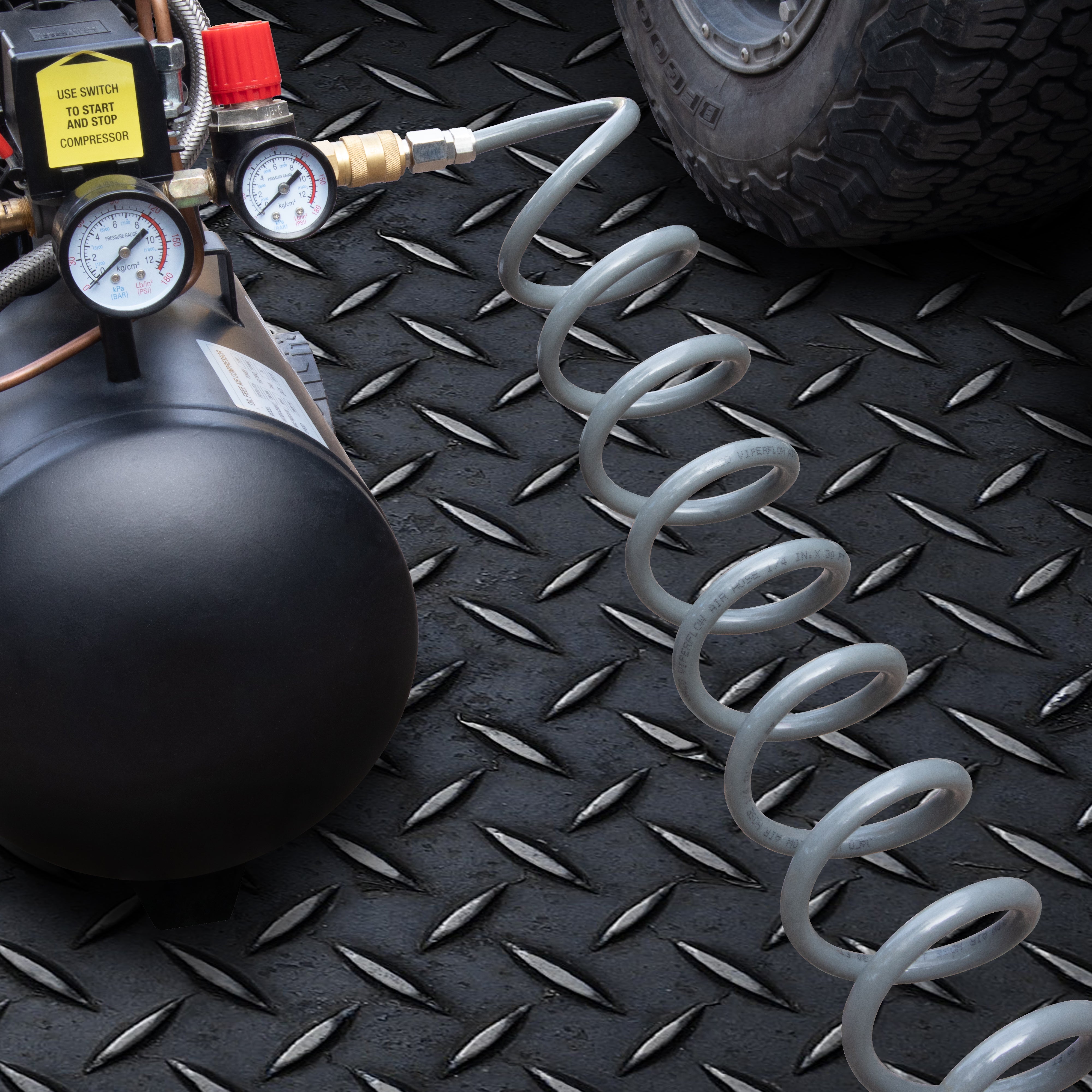 Photo of Polyurethane Coiled Air Hose Kit - 1/4" x 30 ft | with Air Compressor Fittings by JACO - Premium Air Hose for UTVs / Side by Sides