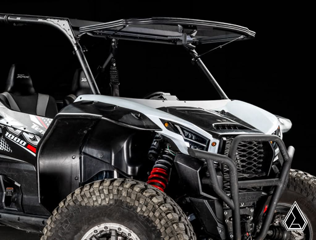 2020+ Kawasaki Teryx KRX 1000 Flip Windshield three-quarter view with windshield closed — Assault Industries