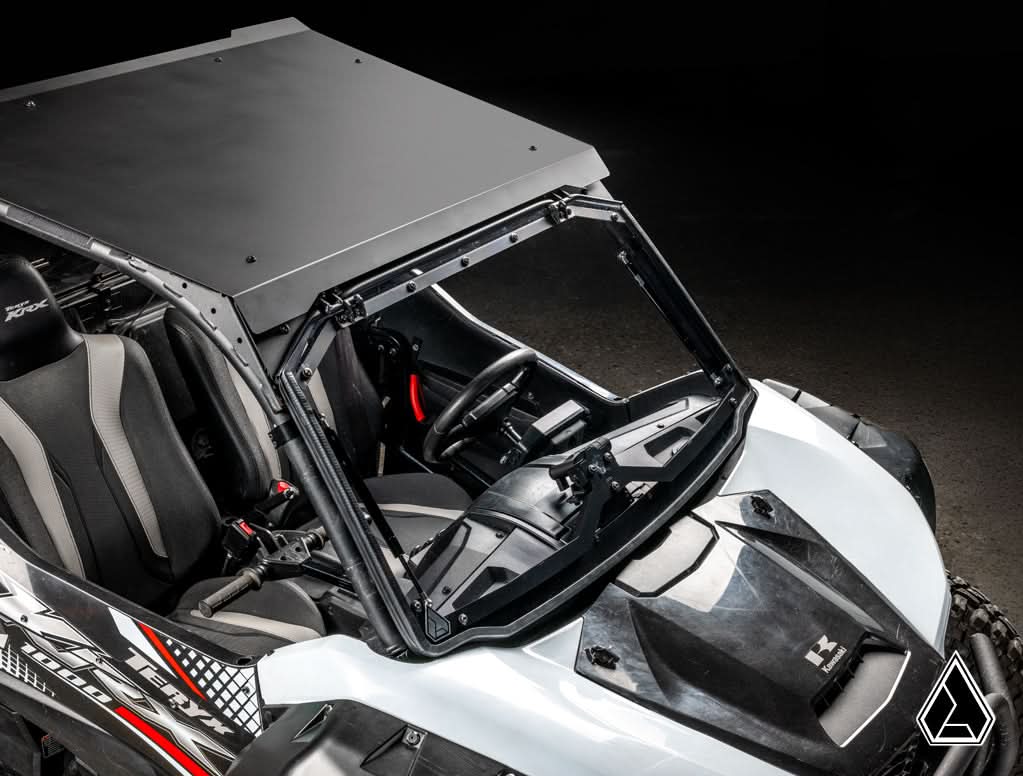 2020+ Kawasaki Teryx KRX 1000 Flip Windshield three-quarter view with windshield open — Assault Industries
