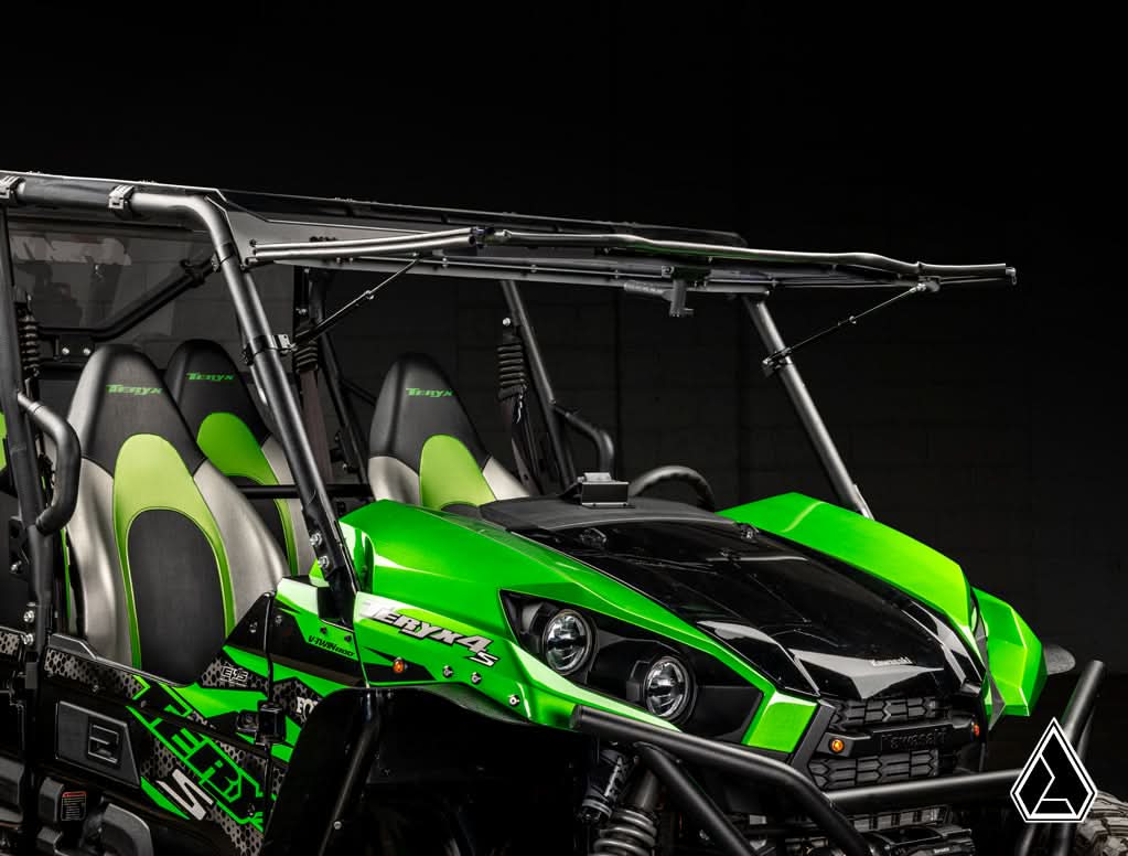 2016+ Kawasaki Teryx / Teryx S Flip Windshield three-quarter view with windshield closed — Assault Industries