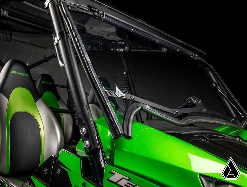2016+ Kawasaki Teryx / Teryx S Flip Windshield driver-side view with windshield open — Assault Industries