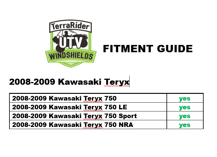 Photo of TK00385 2008-2009 KAWASAKI TERYX 2 SEATER HALF UTV WINDSHIELD - SCRATCH RESISTANT 1/4” by TerraRider UTV Windshields & Accessories - Premium for UTVs / Side by Sides