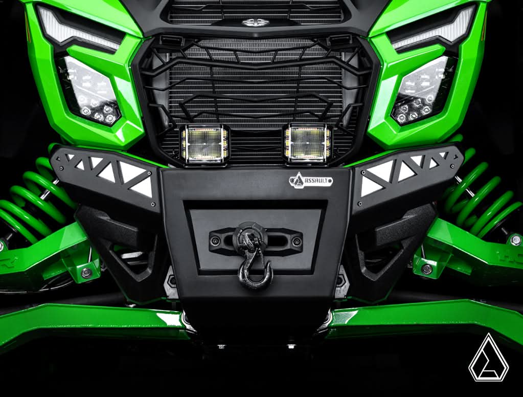 2026+ Kawasaki Teryx H2 Winch-Ready Front Bumper front view installed with pod lights — Assault Industries