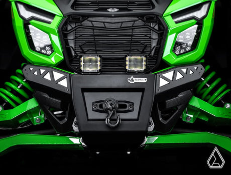 2026+ Kawasaki Teryx H2 Winch-Ready Front Bumper front view installed with pod lights — Assault Industries