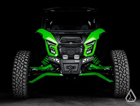 2026+ Kawasaki Teryx H2 Winch-Ready Front Bumper front view installed with pod lights — Assault Industries