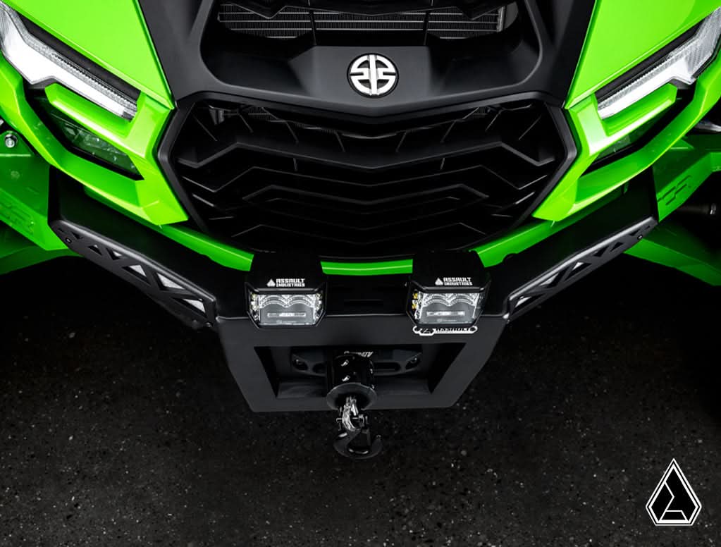 2026+ Kawasaki Teryx H2 Winch-Ready Front Bumper winch and pod light detail — Assault Industries