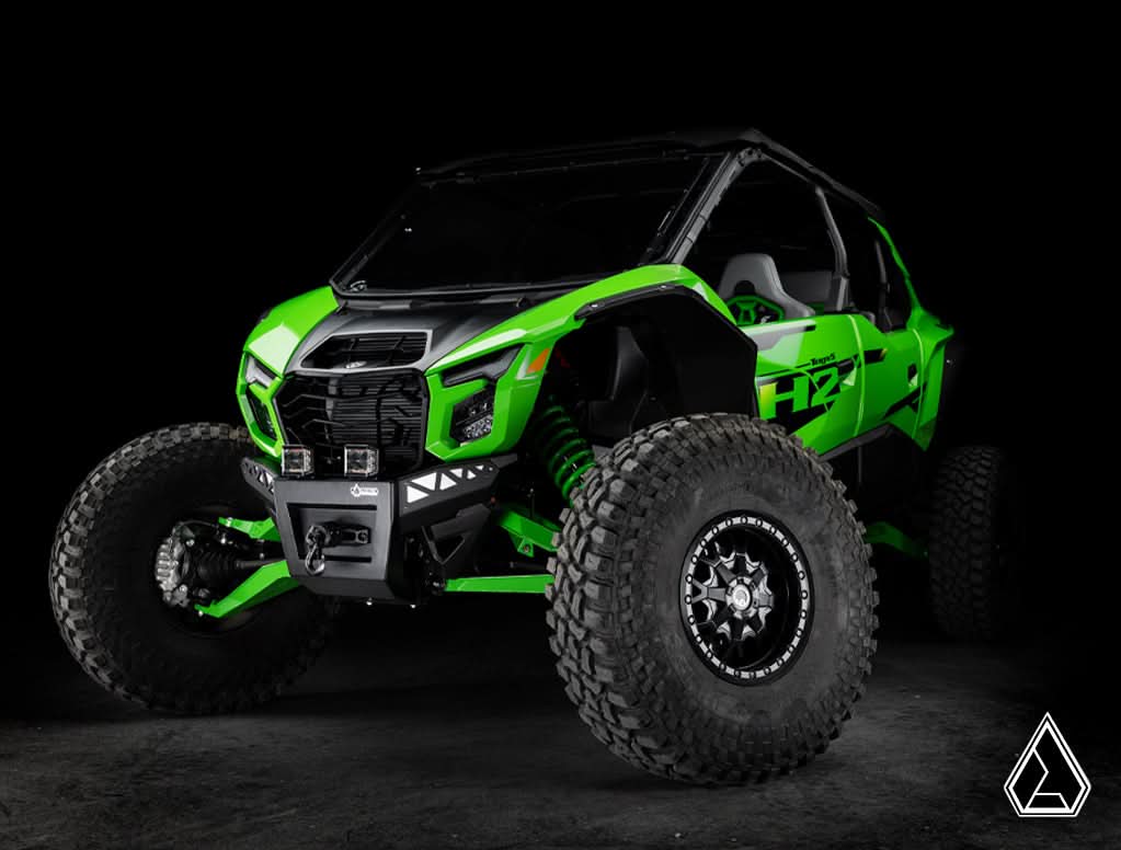 2026+ Kawasaki Teryx H2 Winch-Ready Front Bumper three-quarter view installed — Assault Industries