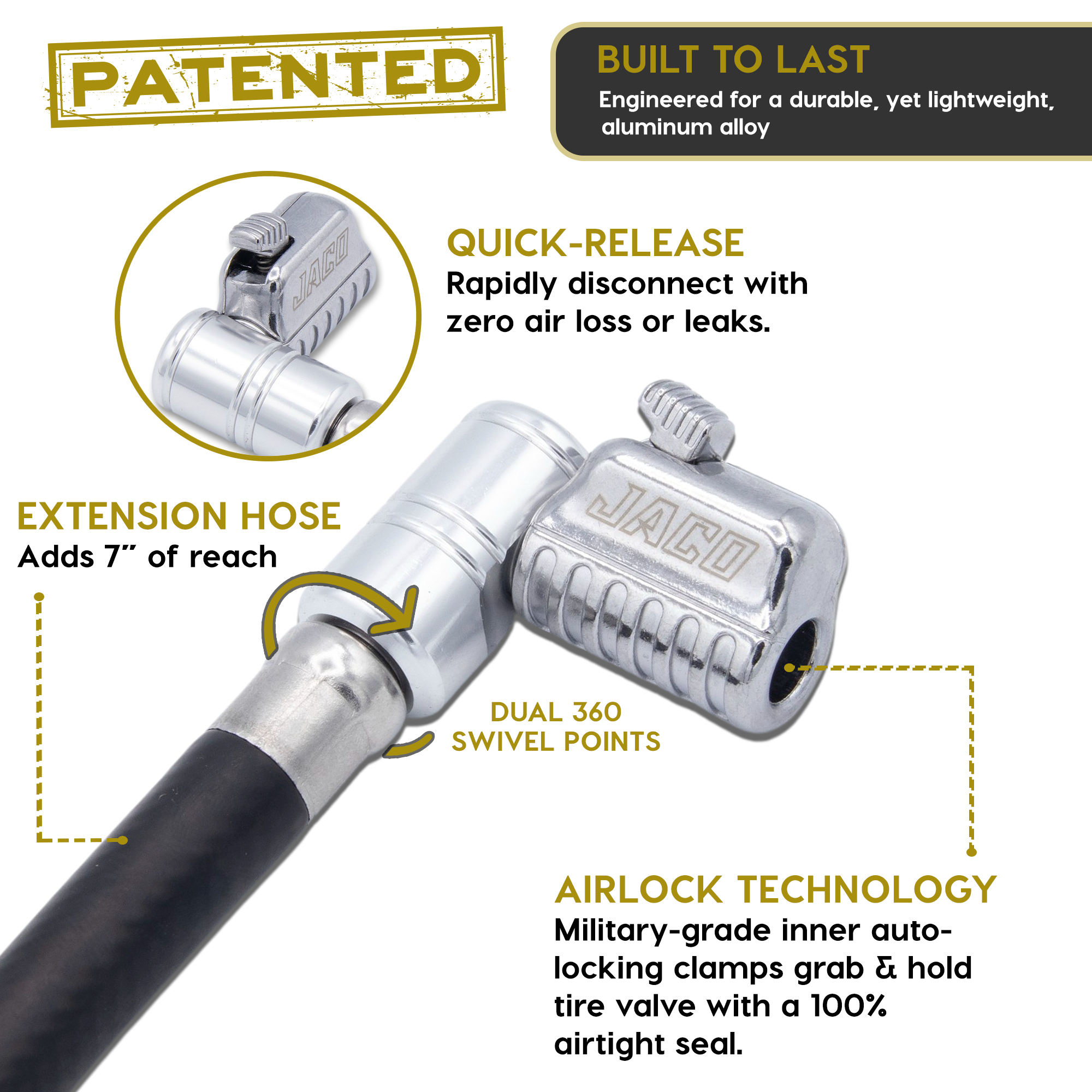 Photo of Lightning L2X Tire Inflator Hose Extension Self-Locking Nozzle | Patented Lock-on Air Hose Adapter for Tire Pumps (Open Flow) by JACO - Premium Tire Inflator Hose Extension Nozzle for UTVs / Side by Sides