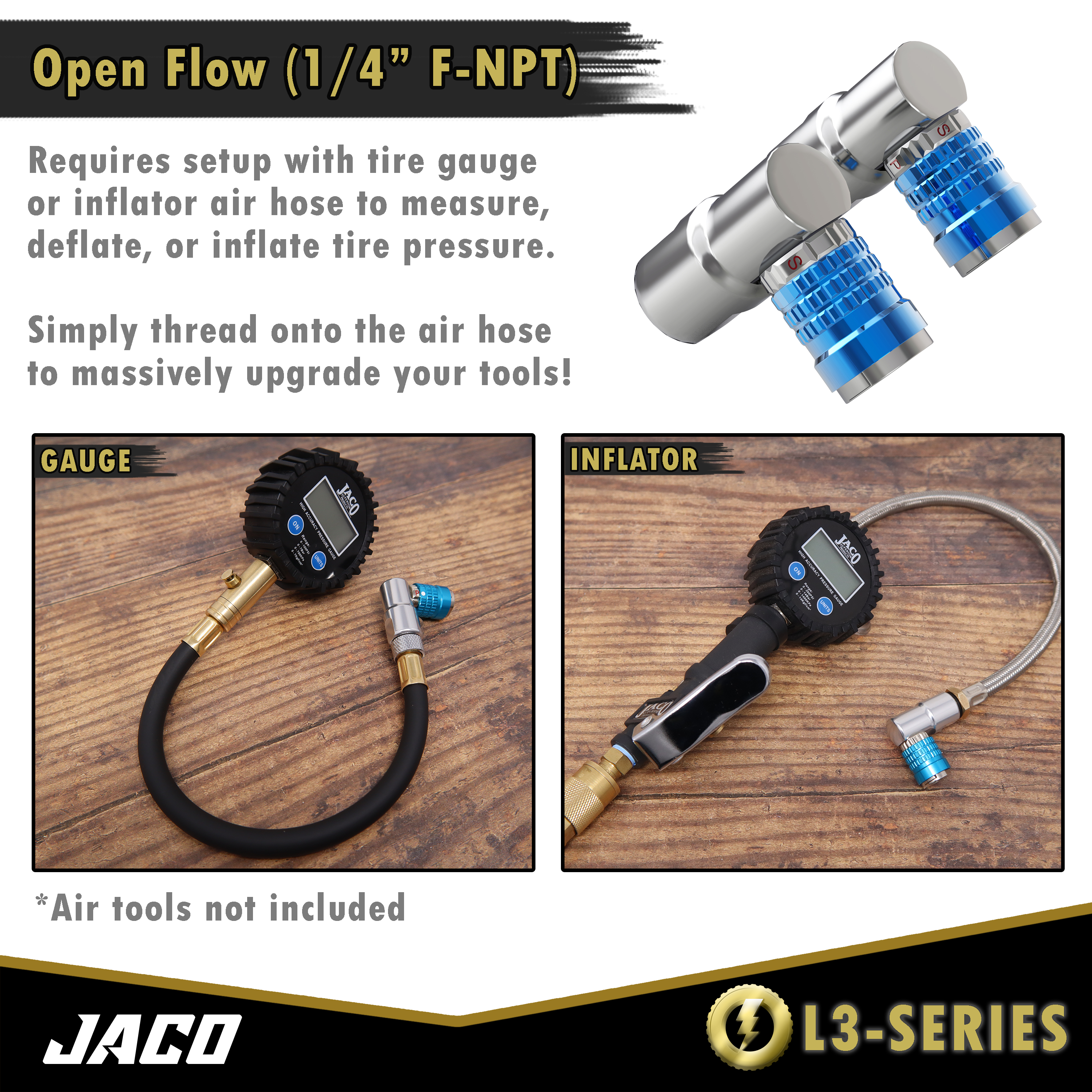 Photo of Lightning™ L3-Series Bike Tire Air Chuck - 1/4" F-NPT (Presta + Schrader Valves) | Open Flow (2 Pack) by JACO - Premium Tire Accessories for UTVs / Side by Sides
