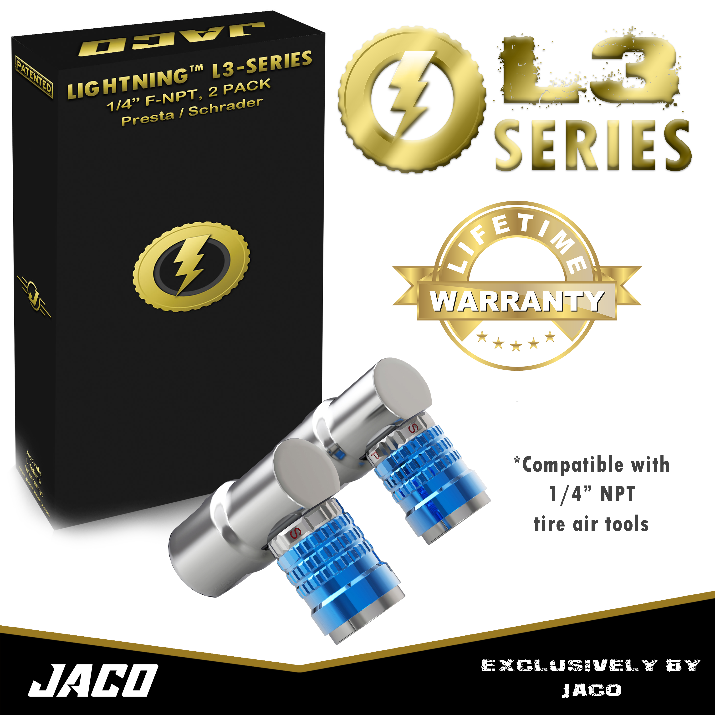 Photo of Lightning™ L3-Series Bike Tire Air Chuck - 1/4" F-NPT (Presta + Schrader Valves) | Open Flow (2 Pack) by JACO - Premium Tire Accessories for UTVs / Side by Sides
