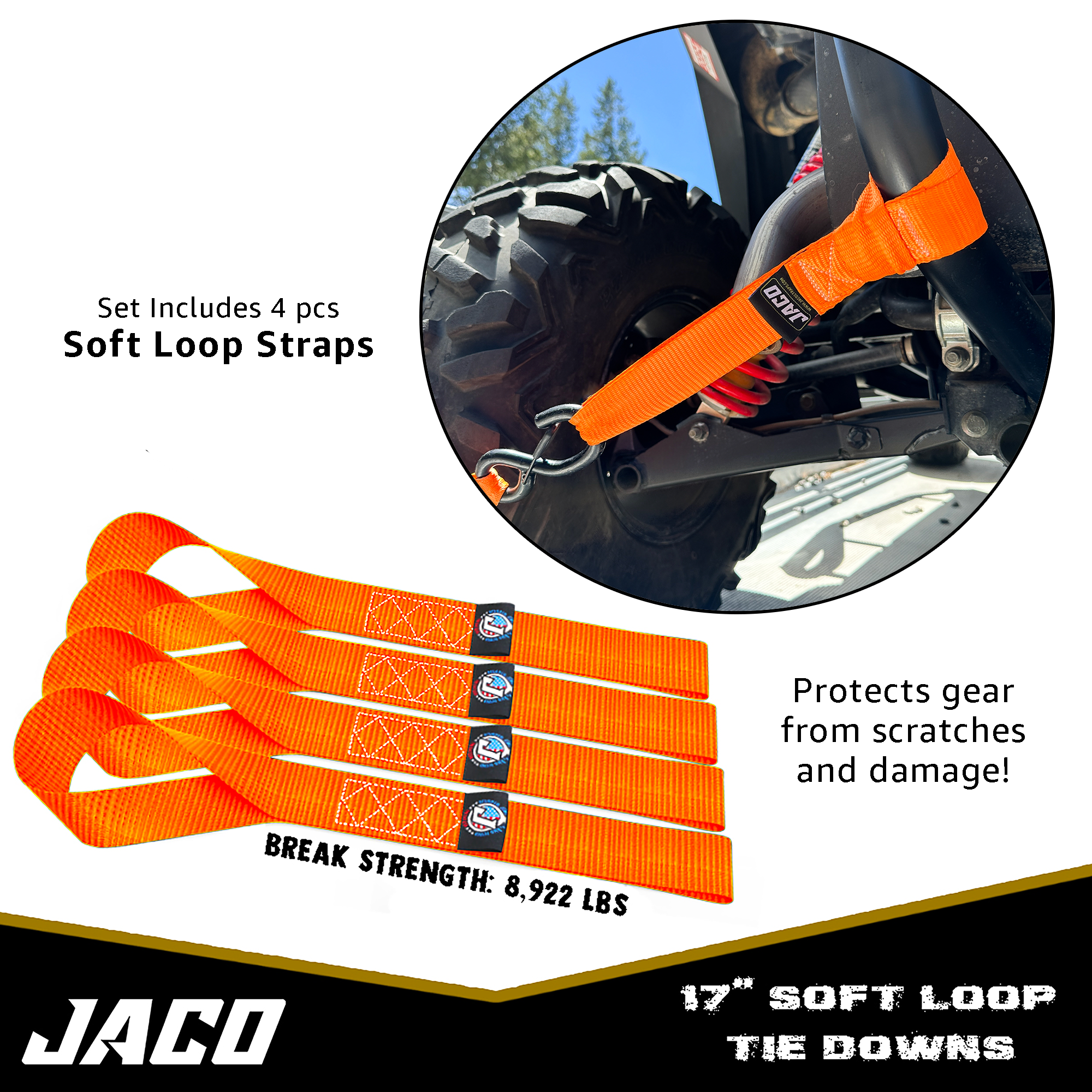 Photo of Heavy Duty Ratchet Tie Down Straps with Soft Loops (1.6" x 8 ft) | AAR Certified Break Strength (5,208 lbs) by JACO - Premium Tie Downs for UTVs / Side by Sides