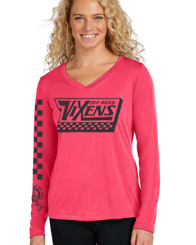 Photo of Off the Wall Jersey/Tech Tee - Coral by OFF-ROAD VIXENS CLOTHING CO. - Premium Ladies Long Sleeves for UTVs / Side by Sides