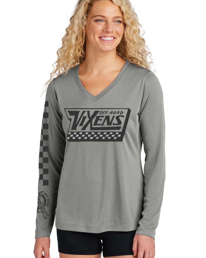 Photo of Off the Wall Jersey/Tech Tee - Gray Heather by OFF-ROAD VIXENS CLOTHING CO. - Premium Ladies Long Sleeves for UTVs / Side by Sides