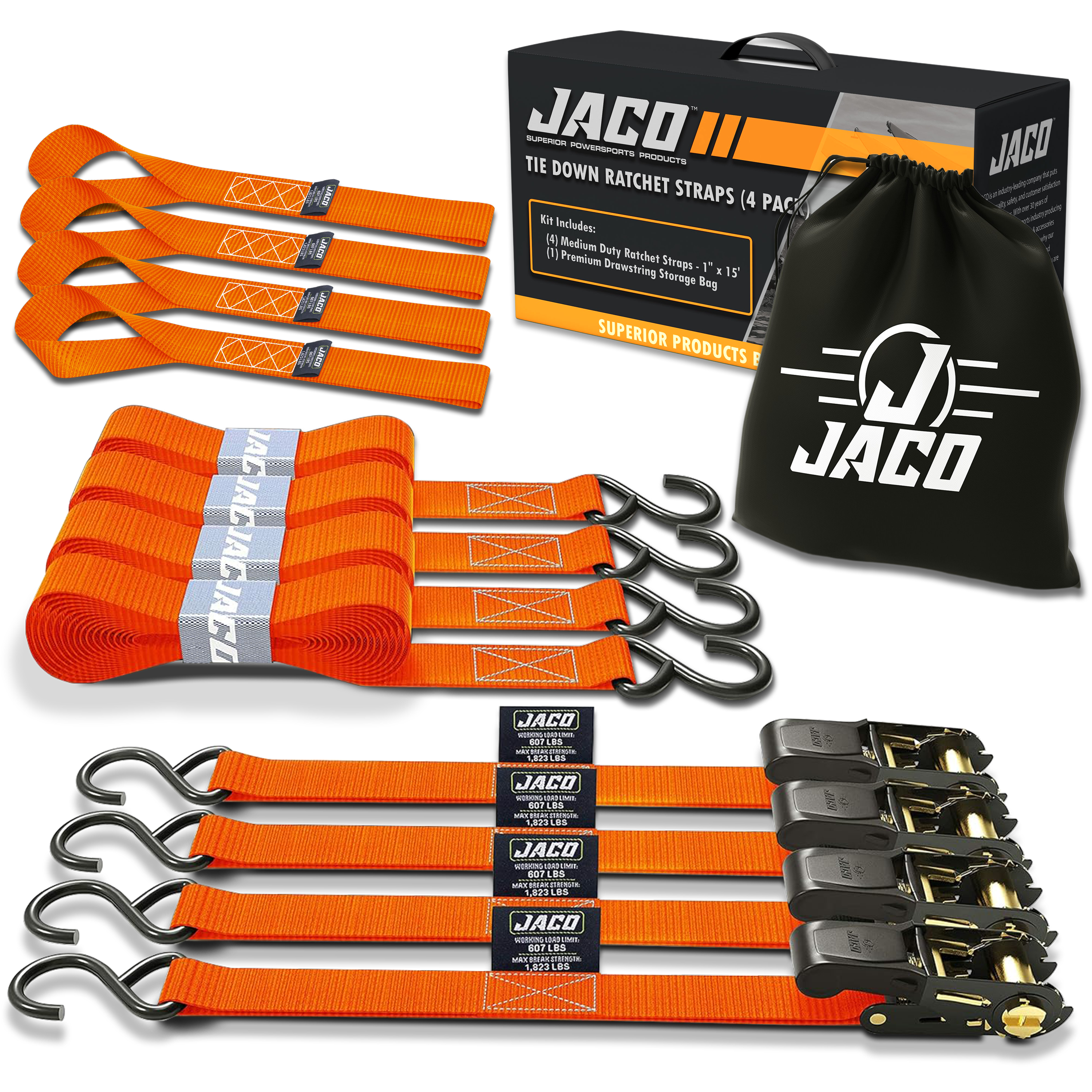 Photo of Tie Down Ratchet Straps (4 Pack) - 1 in x 15 ft | AAR Certified Break Strength (1,823 lbs) | Cargo Tie Down Set by JACO - Premium Tie Downs for UTVs / Side by Sides