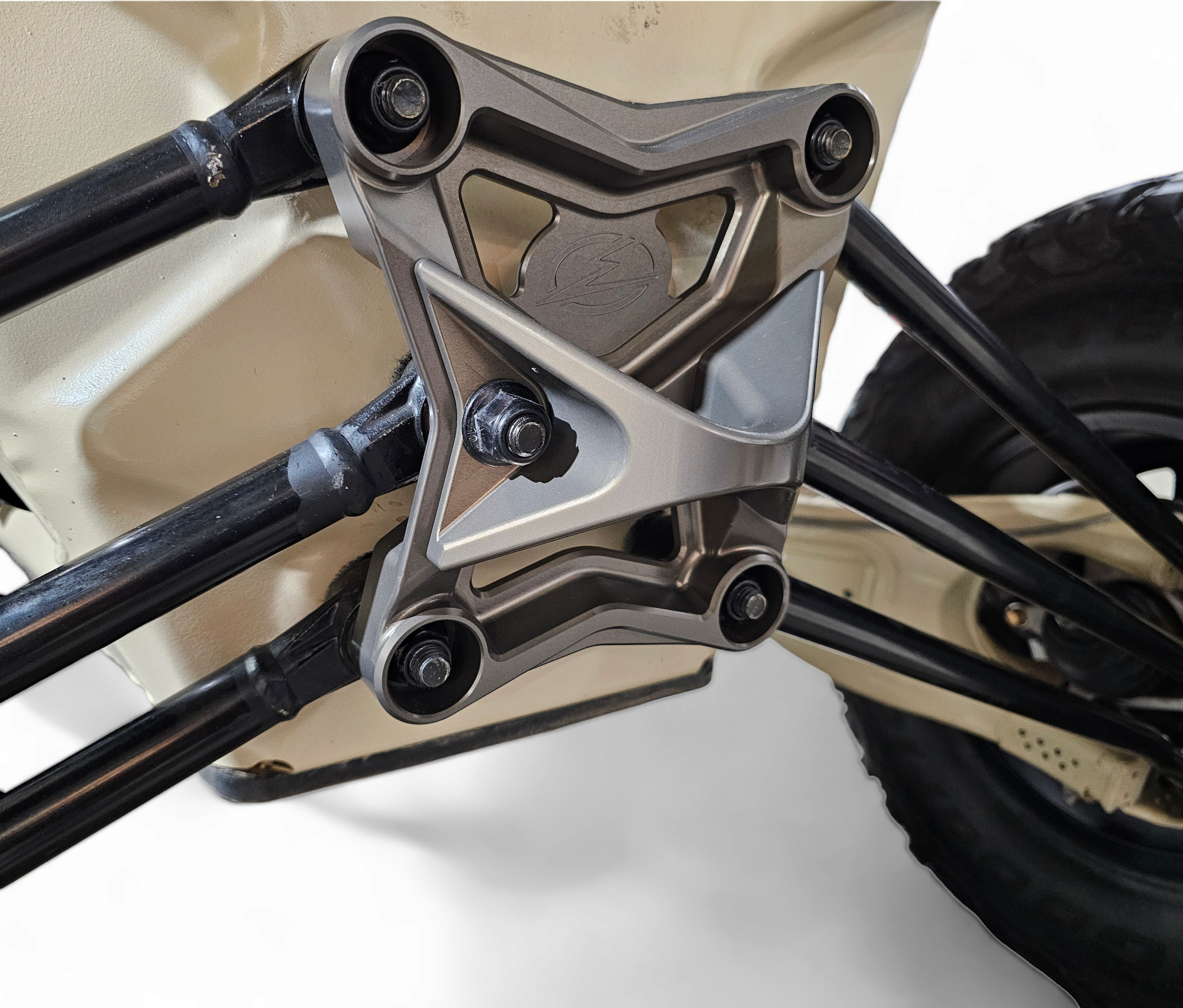 Photo of 2017-2021 Can Am X3 Maverick EOD Radius Rod Plate with Tow Hook Gun Metal by Elektric Offroad - Premium 2017+ Can Am X3 Maverick EOD Radius Rod Plate with Tow Hook Gun Metal for UTVs / Side by Sides