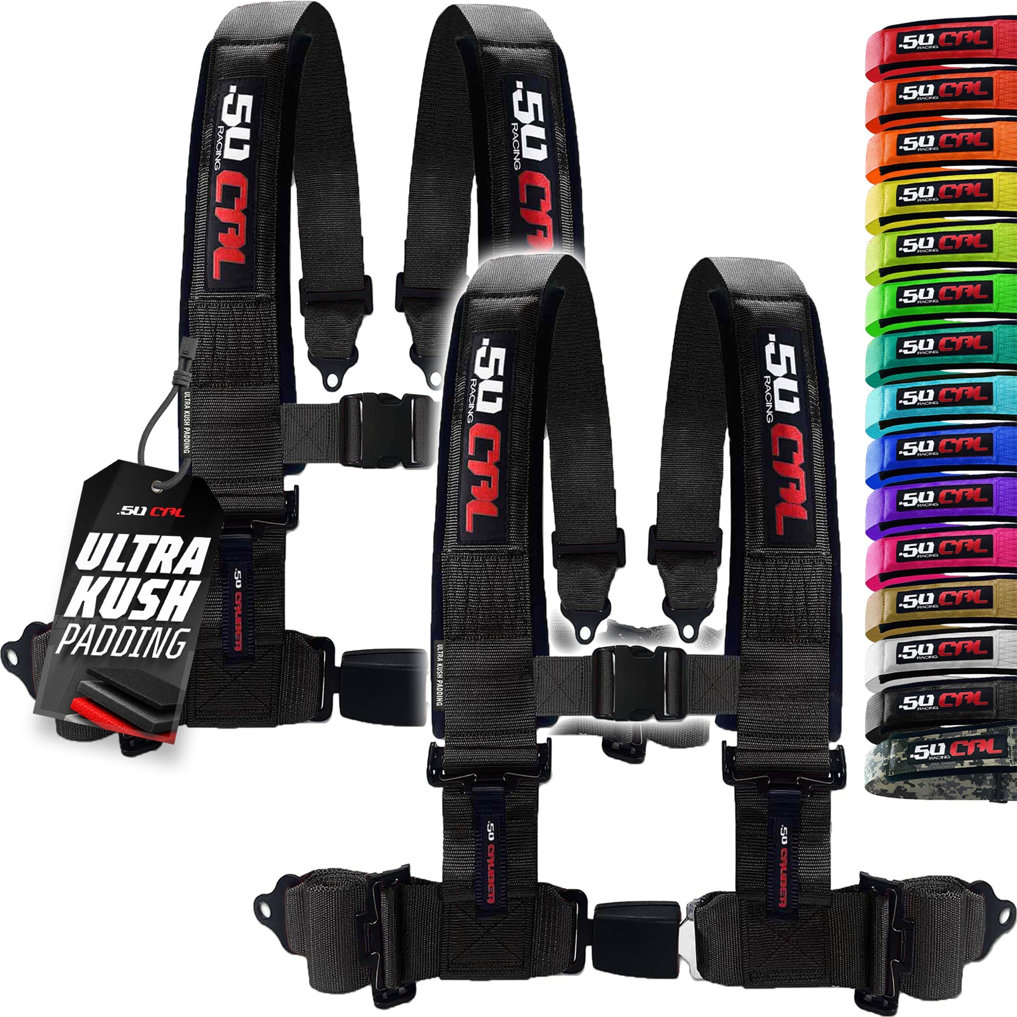 50 Caliber Racing 4-Point UTV Harness – Push Button, Sewn-In Pads, 10 Colors, 2" & 3"