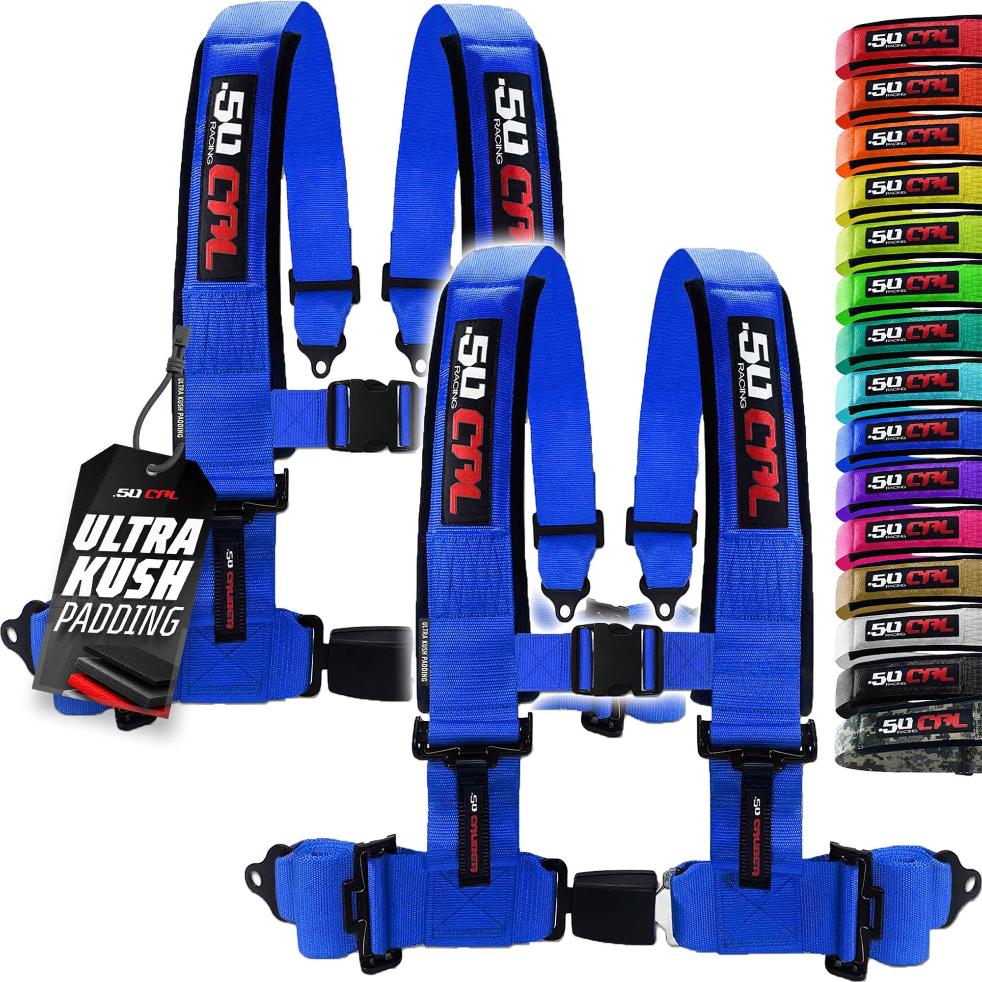 50 Caliber Racing 4-Point UTV Harness – Push Button, Sewn-In Pads, 10 Colors, 2" & 3"