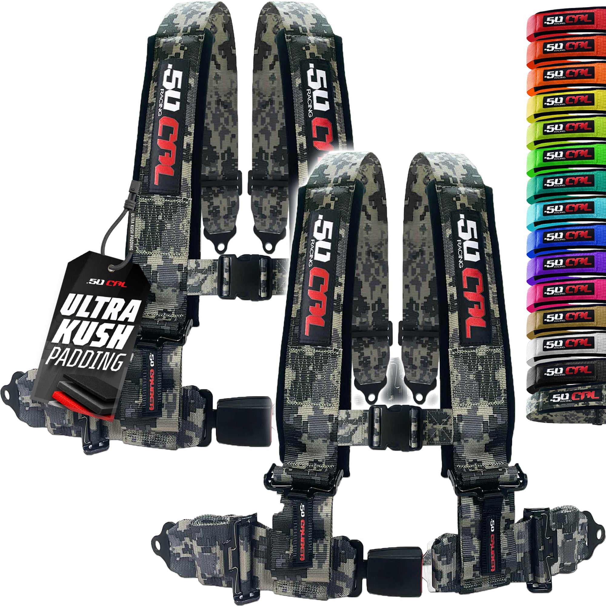 50 Caliber Racing 4-Point UTV Harness – Push Button, Sewn-In Pads, 10 Colors, 2" & 3"