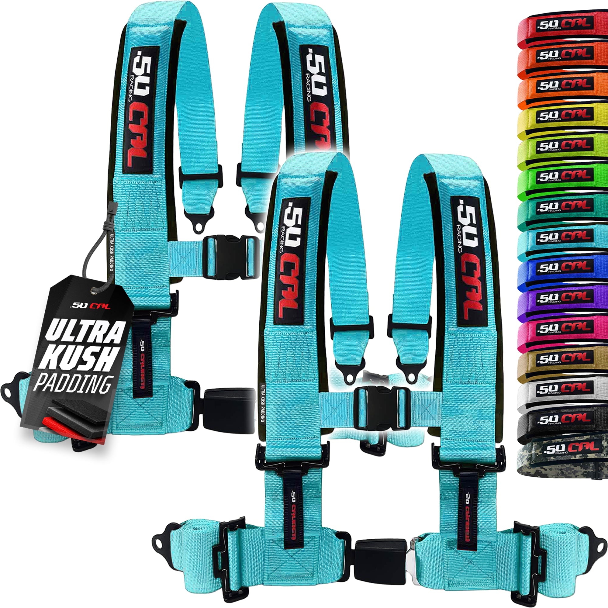 50 Caliber Racing 4-Point UTV Harness – Push Button, Sewn-In Pads, 10 Colors, 2" & 3"