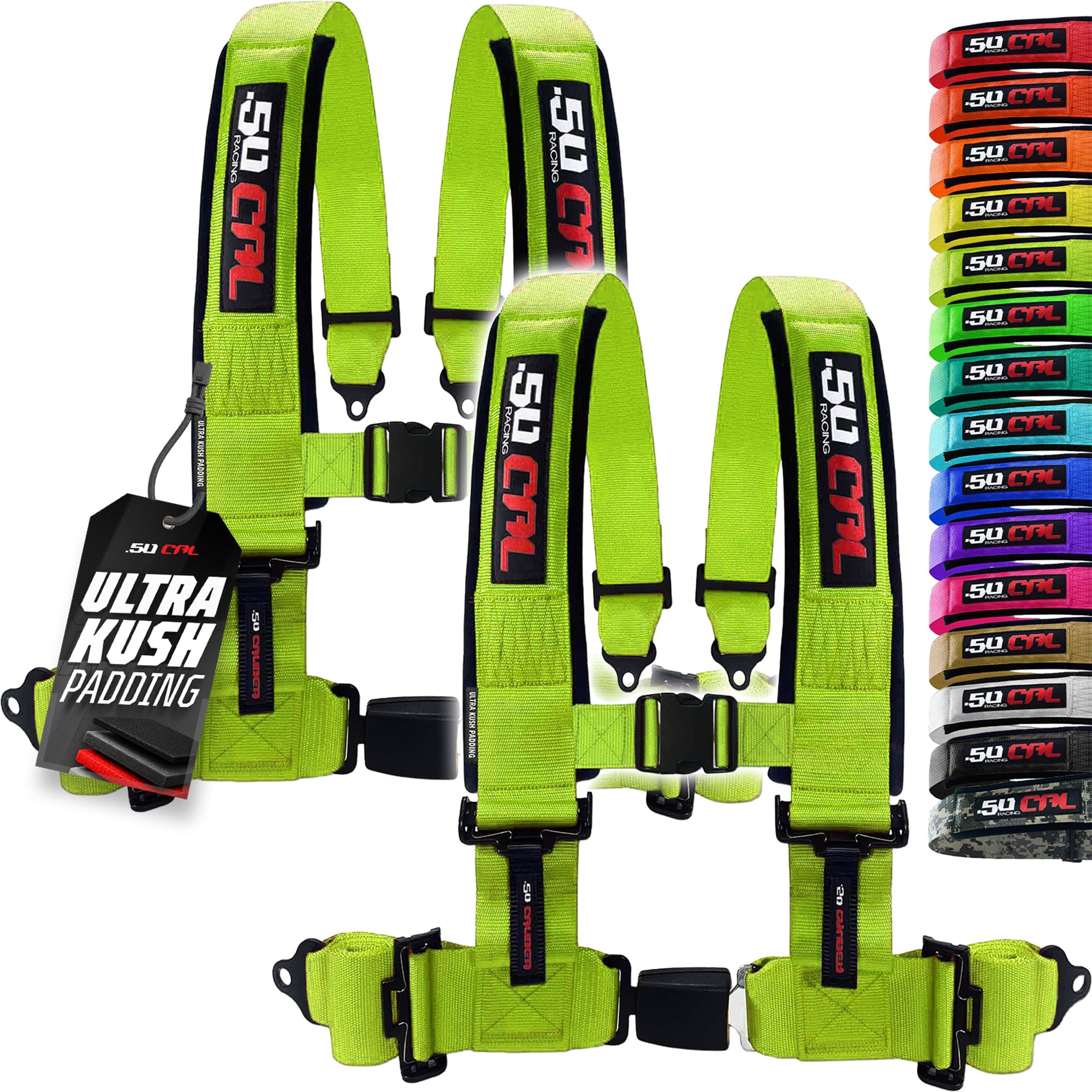 50 Caliber Racing 4-Point UTV Harness – Push Button, Sewn-In Pads, 10 Colors, 2" & 3"
