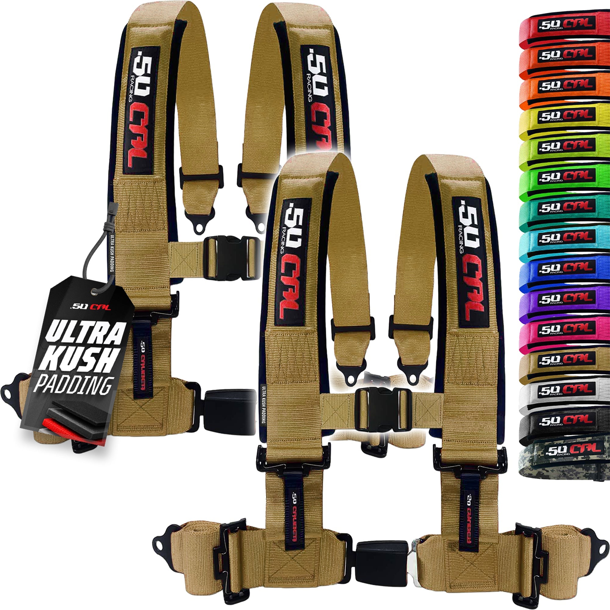 50 Caliber Racing 4-Point UTV Harness – Push Button, Sewn-In Pads, 10 Colors, 2" & 3"