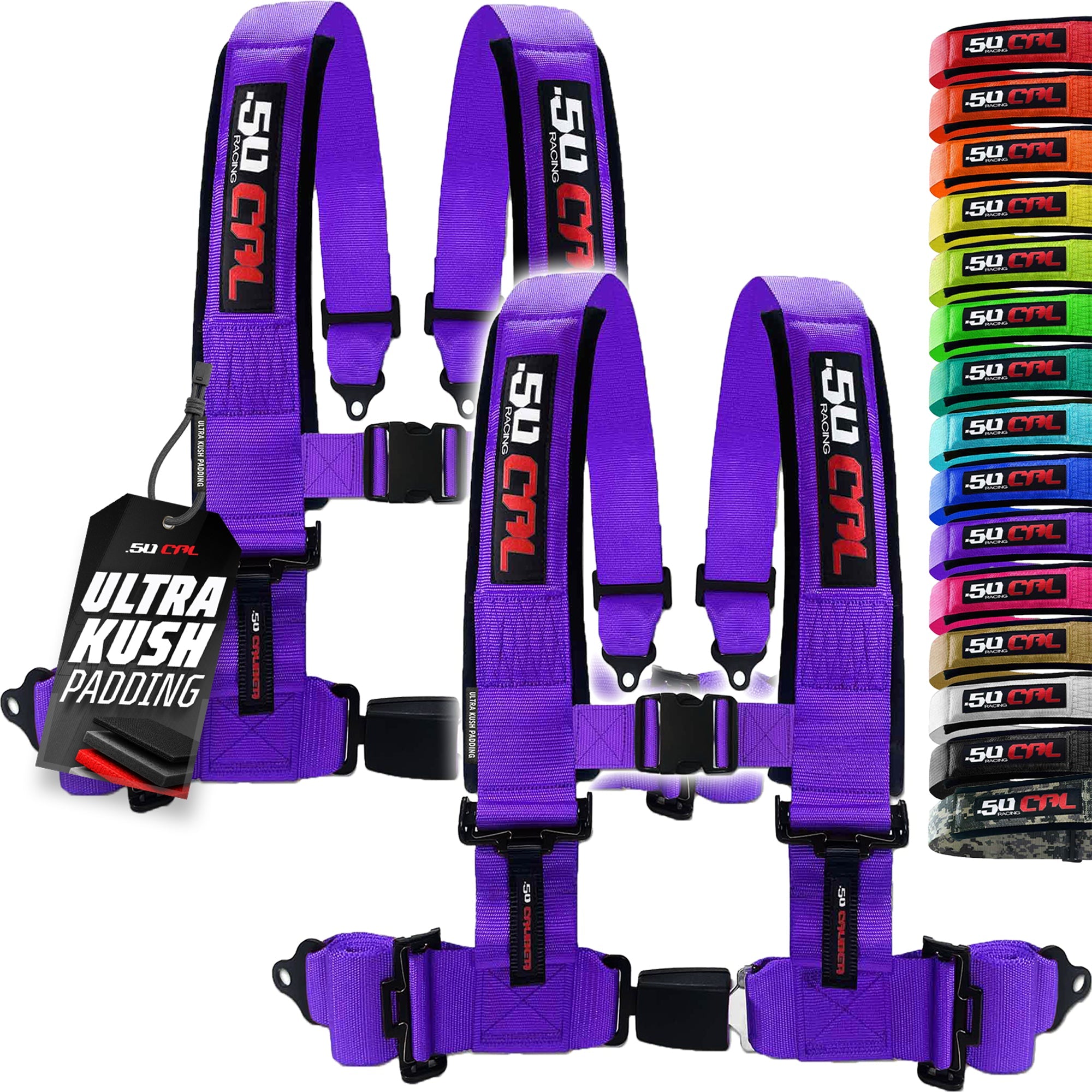 50 Caliber Racing 4-Point UTV Harness – Push Button, Sewn-In Pads, 10 Colors, 2" & 3"
