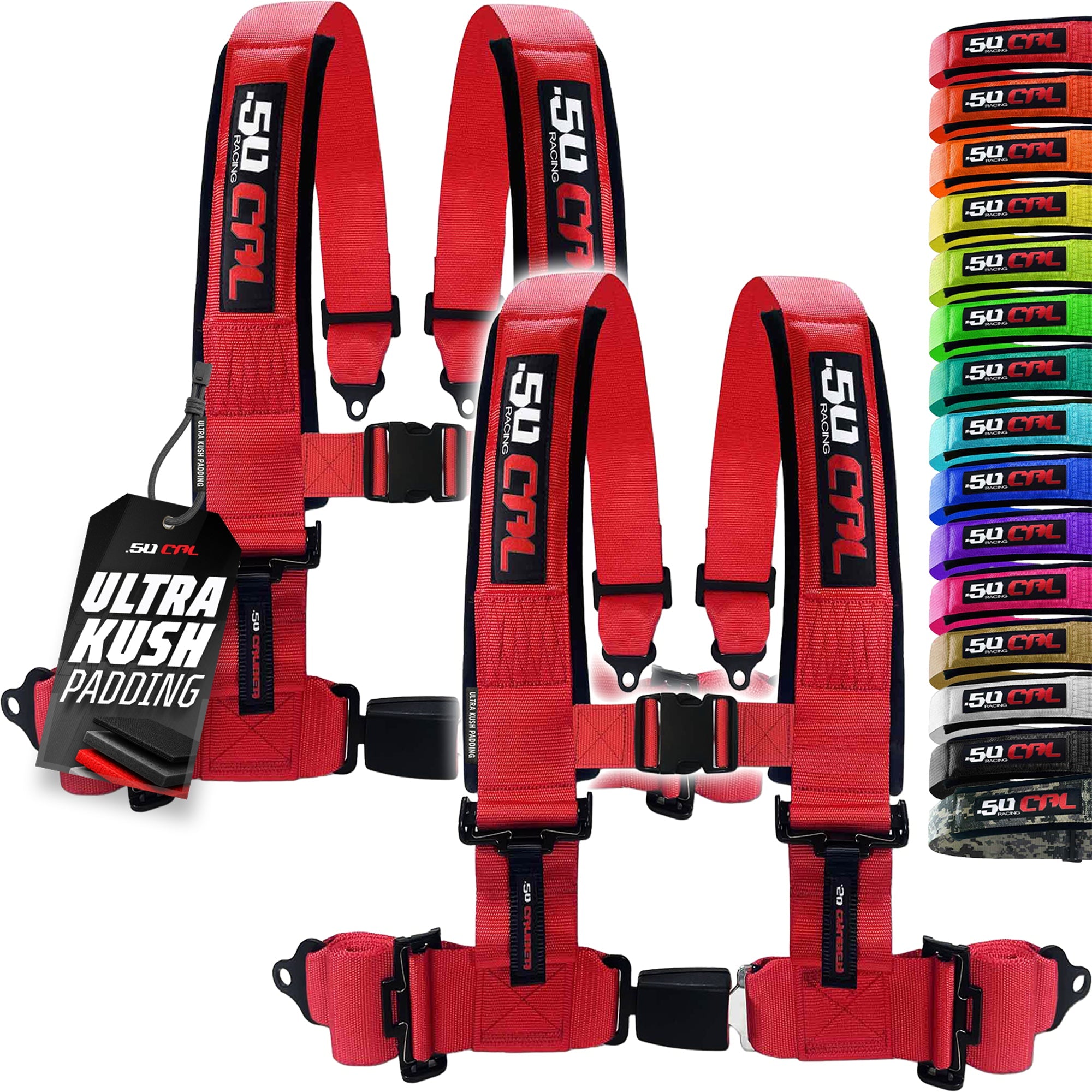 50 Caliber Racing 4-Point UTV Harness – Push Button, Sewn-In Pads, 10 Colors, 2" & 3"