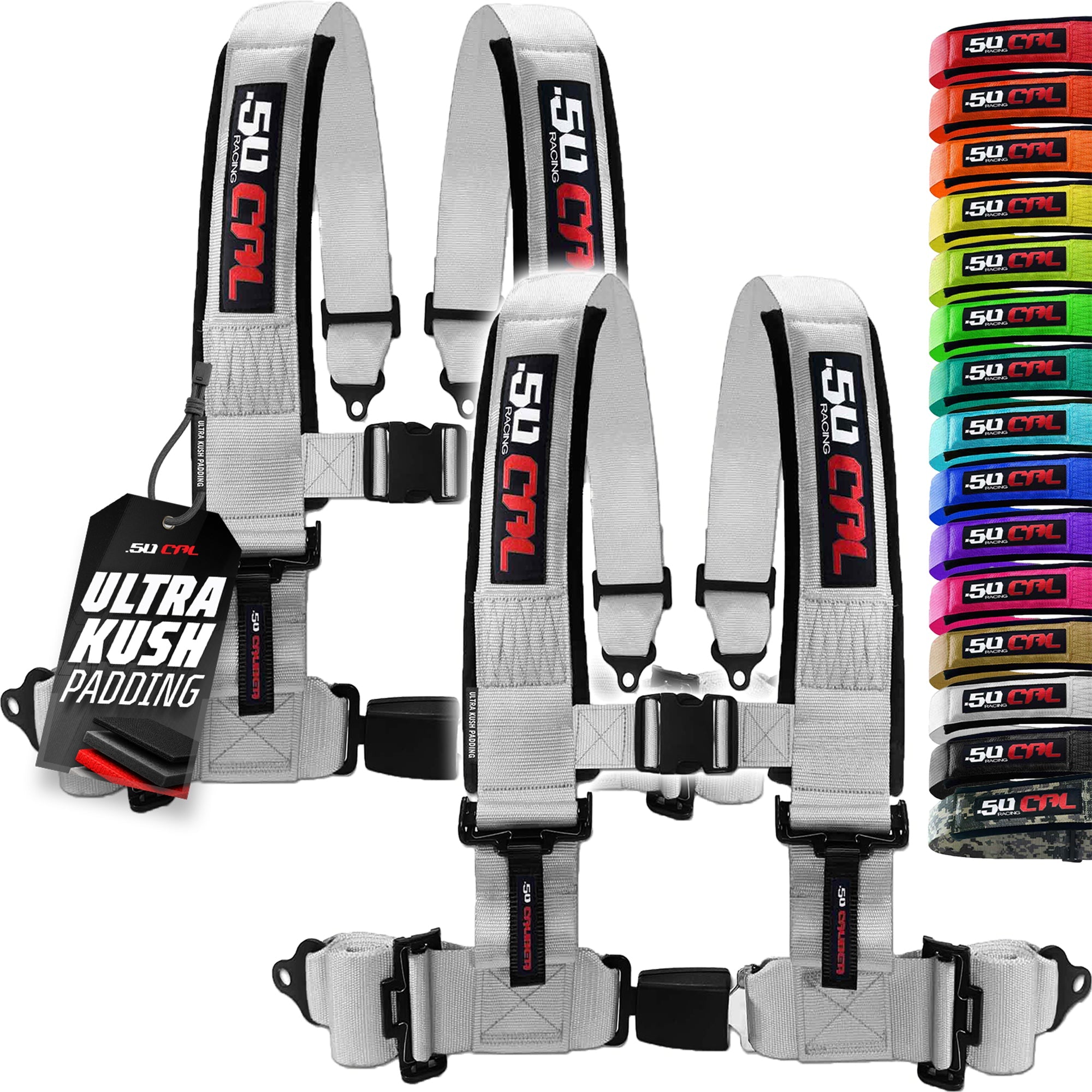 50 Caliber Racing 4-Point UTV Harness – Push Button, Sewn-In Pads, 10 Colors, 2" & 3"