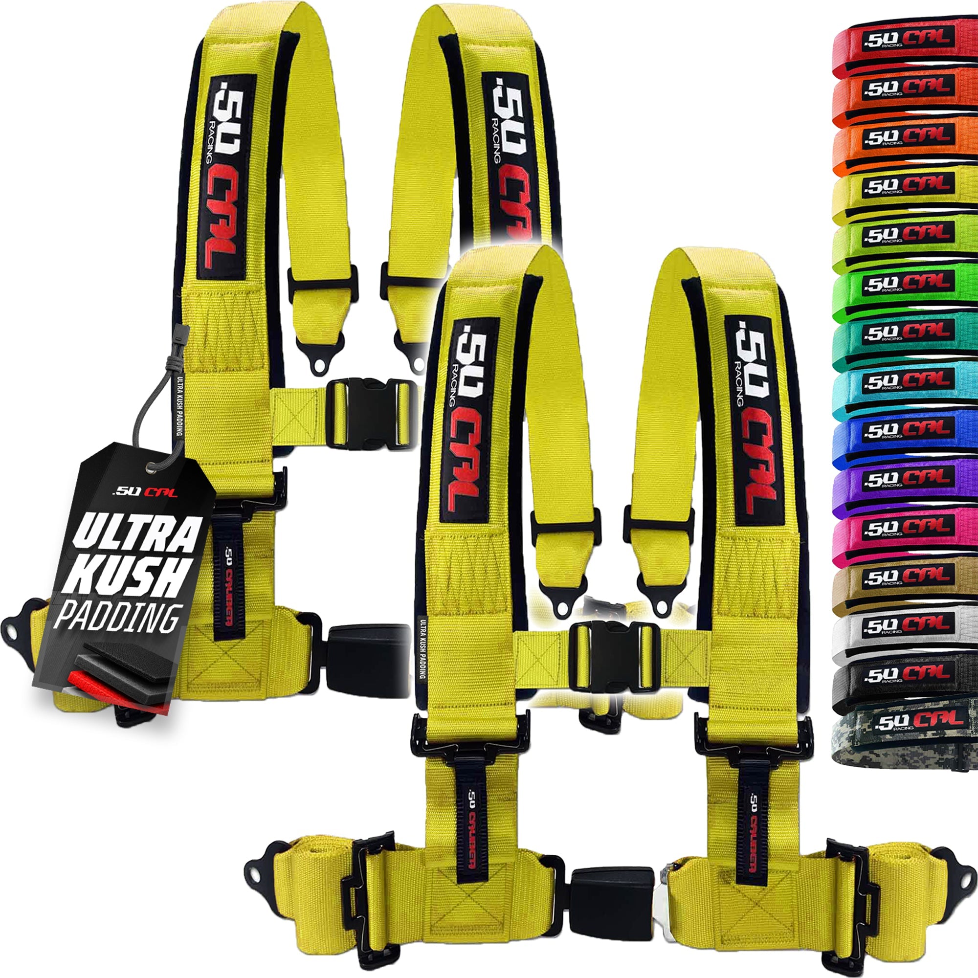 50 Caliber Racing 4-Point UTV Harness – Push Button, Sewn-In Pads, 10 Colors, 2" & 3"