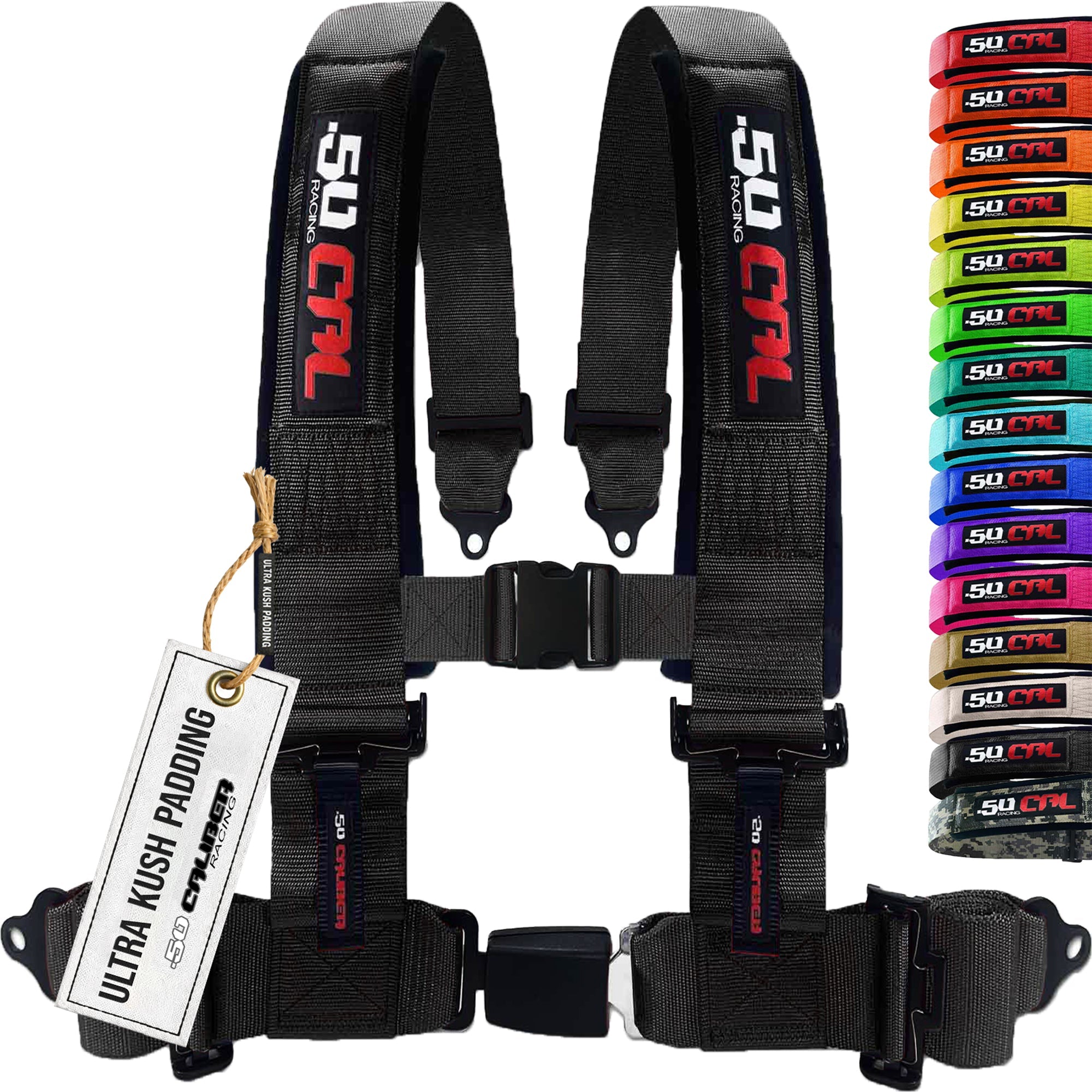 50 Caliber Racing 4-Point UTV Harness – Push Button, Sewn-In Pads, 10 Colors, 2" & 3"