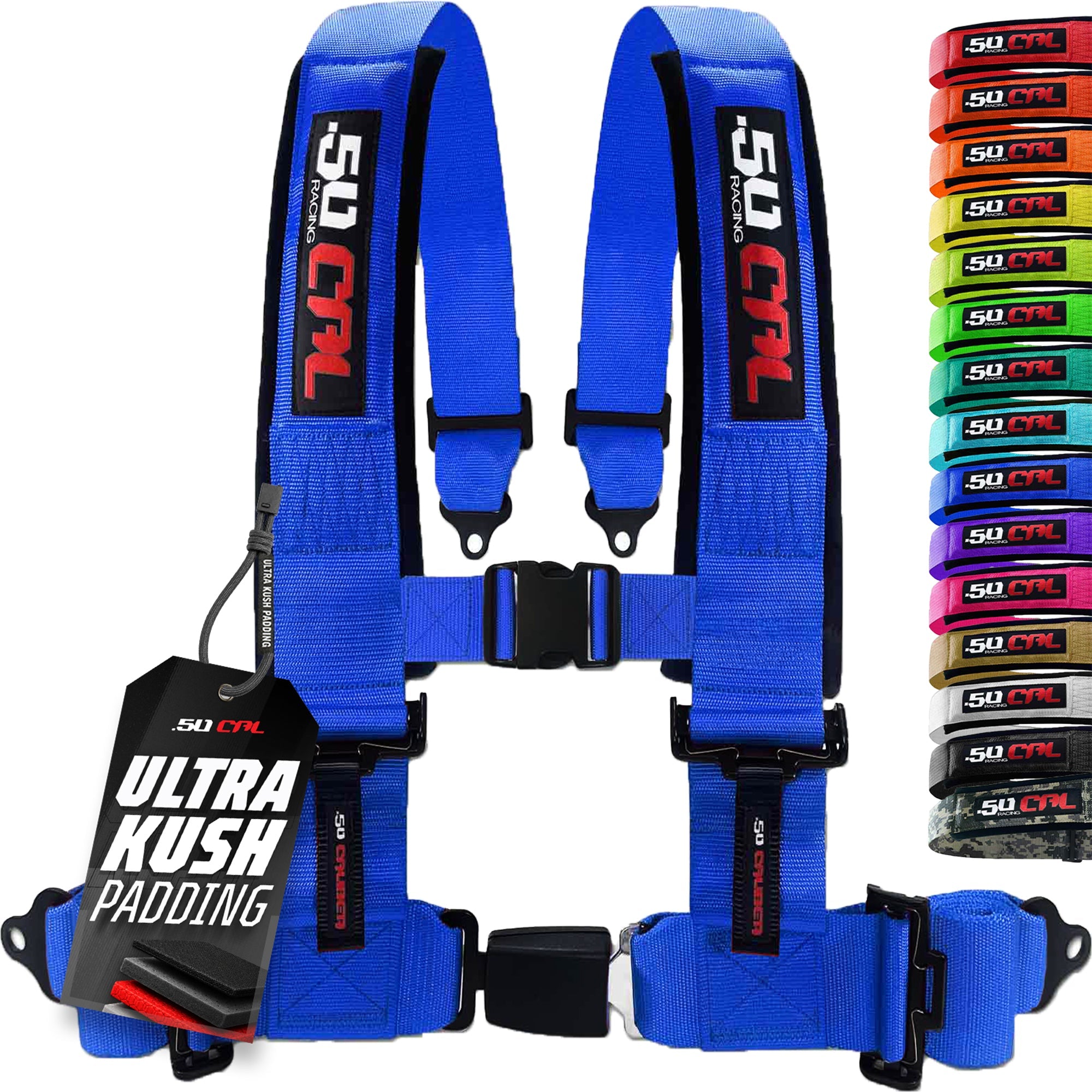 50 Caliber Racing 4-Point UTV Harness – Push Button, Sewn-In Pads, 10 Colors, 2" & 3"