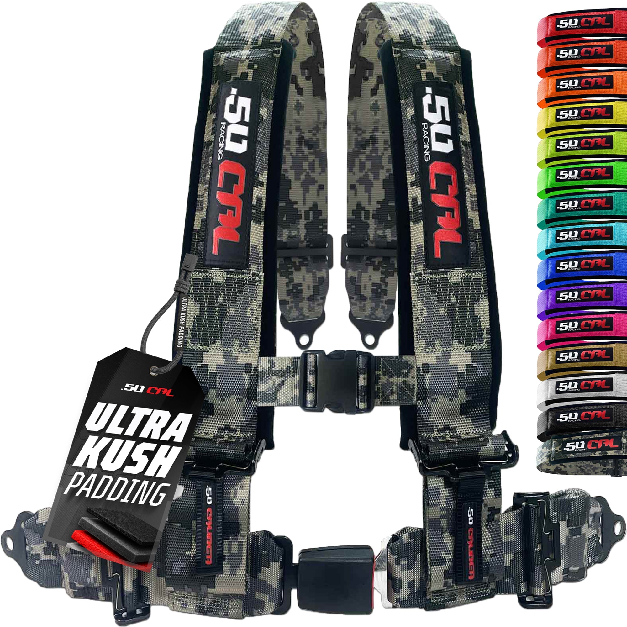 50 Caliber Racing 4-Point UTV Harness – Push Button, Sewn-In Pads, 10 Colors, 2" & 3"