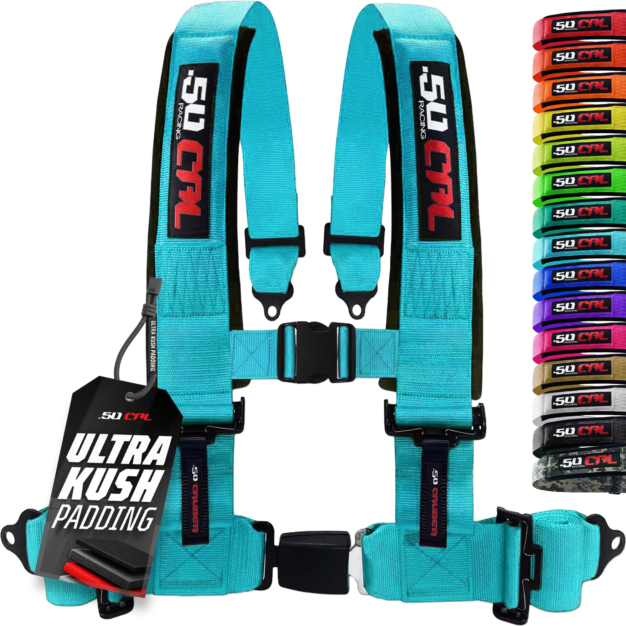 50 Caliber Racing 4-Point UTV Harness – Push Button, Sewn-In Pads, 10 Colors, 2" & 3"